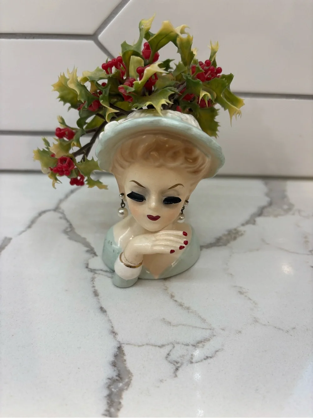 Vintage Inarco 1963 Lady Head Vase with original plastic flowers